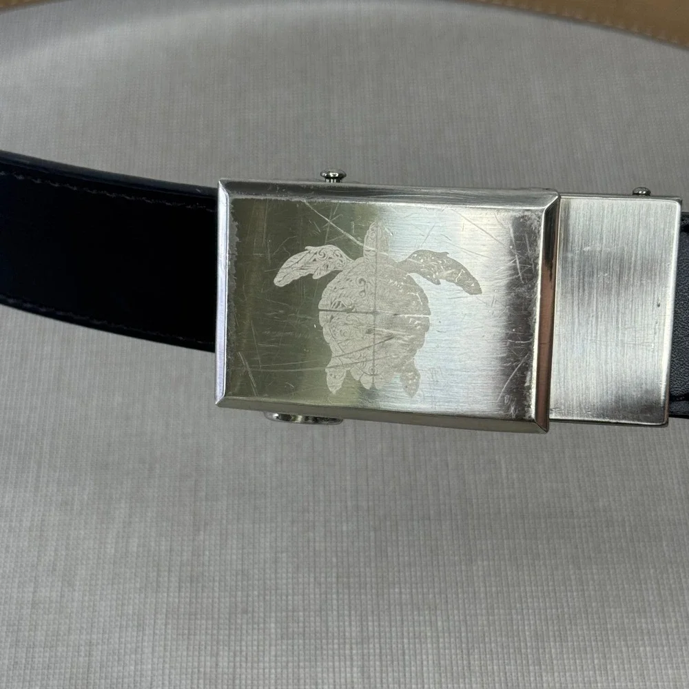 Nexbelt no‎ hole adjustable black leather silver buckle tribal turtle